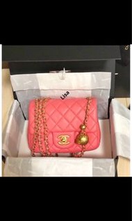 日本代購 Chanel mini square flip bag Chanel 方胖子 桃粉紅 金球 17cm Chanel手袋  香奈兒