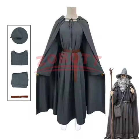 Movie Gandalf Cosplay Costume Hobbit Long Gray Cloak Jumpsuit with Hat Belt Halloween Fancy Dress fo