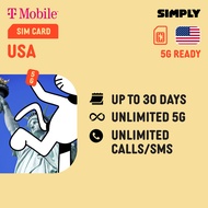 SIMPLY USA | T-Mobile Up to 30 Days | Unlimited5G Data + 5GB Canada & Mexico | Local SIM | No regist