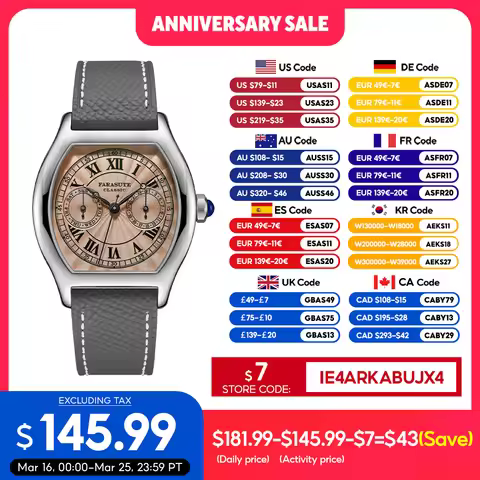 FARASUTE 36mm Luxury Retro Men Quartz Watch VH64 Movement Stainless Steel Sports Fashion Sapphire Gl