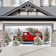 Merry Christmas Garage Door Banner - Red Truck And Snowy Forest Design, 8x7 Ft/13x6 Ft/16x7 Ft, Dura