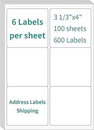 InpourPack 4" x 3- 1/3" Shipping Labels, 6 Up Sticker Labels for Laser/Ink Jet Printer (600 Labels,1