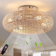 Rattan Log Rattan Fan Lamp Bedroom Dining Fan Retro Lamp Living Room Ceiling Fan Invisible W9W2
