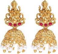 Traditional Indian Handcrafted Antique Gold Plated Kundan Polki Godess Lakshmi Temple Jewellery Jhumka Earring For Women (SJ_1918), Medium, Brass, Cubic Zirconia