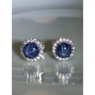 #E663 100% Natural Rare 6 Rays Blue Sapphire Earrings Plated 14K White Gold H8.9mm