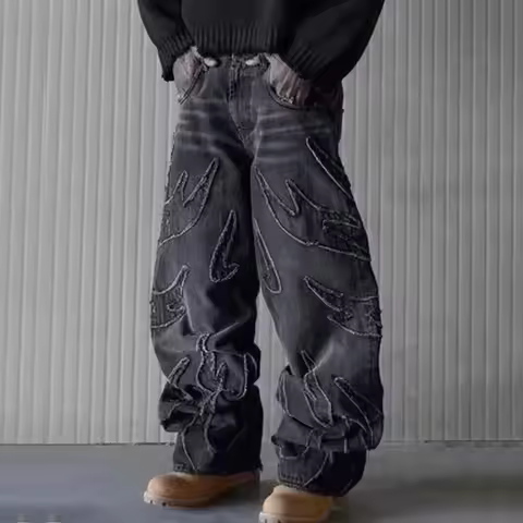 Men Baggy Aesthetic Streetwear Jeans Male Retro Fashion Wide Leg Denim Pants Graphic Embroidered Des
