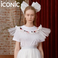 PRE-ORDER 10-14 วัน iCONiC WHITE PINK TASSEL T-SHIRT #5688 เสื้อยืด สีขาว แขนสั้น พู่ชมพู ระบายคอ ผ้