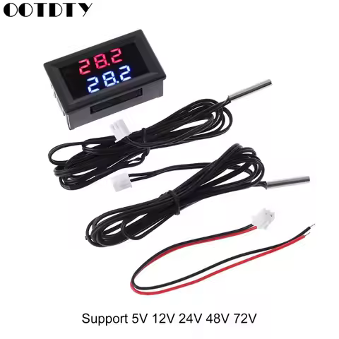 Dual Display DC 5V-80V Thermometer w 2 NTC Waterproof Temperature Sensor 12V 24V 72V Car Motorcycle