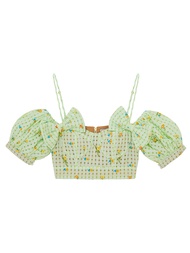 KLOSET Small Flower Embroidered Crop Top (RS23-T005) เสื้อปาดไหล่ลายสก๊อต