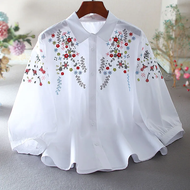 Elegant ศิลปะปัก Vintage หลวม Fit เสื้อ Peter Pan Collar สําหรับผู้หญิงนุ่มสไตล์สดตุ๊กตา Top