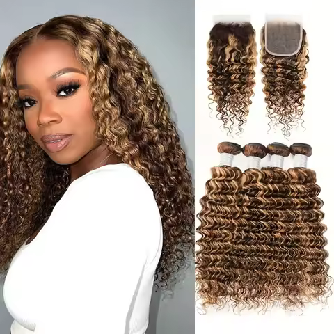 12A Highlight P4/27 Water Wave 3/4 Human Hair Bundles With Closure 100% Virgin Human Hair Wet and Wa