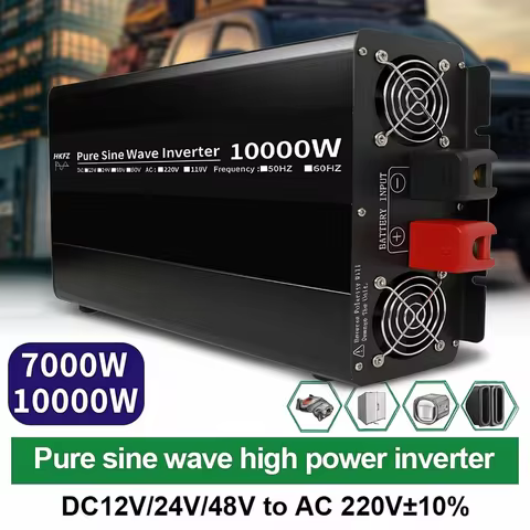 Pure Sine Wave Inverter 7000W 10000W Double EU Socket DC 12V 24V 48V To AC 220V 230V 110V Voltage Co