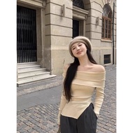 Women Autumn Off-Shoulder Knitted Sweater Thin Irregular Base Shirt Top 11164