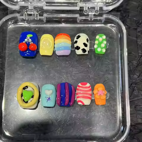 Handmade Press On Nails 3D Rainbow Stripes False Nails Dopamine Y2k Fake Nails Cherry Flower Decorat