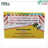 APPEBOS PLUS VITAMIN B-COMPLEX + IRON + BUCLIZINE HYDROCHLORIDE MULTIVITAMINS 100 CAPSULE