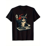 Men's DJ Cat DJing Graphic T-Shirt - Cool Turntable & Headphones Design with DJ Cat & Vinyl Record M