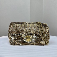 香奈兒/Chanel 金扣金色亮片鏈條迷你口蓋包 可單肩斜背16x7x12cm