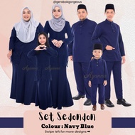 Baju Raya Sedondon Tema Warna Navy Blue (Biru Laut) Set Family Ayah Ibu Anak Baby Baju Kurung Baju M