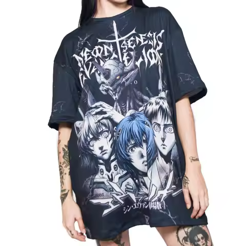 Men's Evangelion Shinji Asuka Rei Gothic Oversized Tee Neon Genesis Anime Unit-01 Design Casual Stre