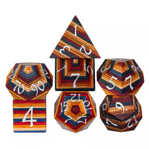 Cusdie DND Wooden Dice Set Unique Stripe D&D Dice 7Pcs D4 D6 D8 D10 D% D12 D20 Polyhedral Games Dice