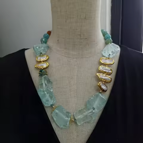 White Biwa Pearl Blue Quartz Rough Raw Chunk Necklace