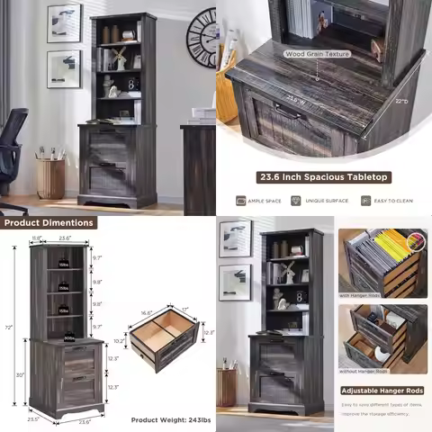 72" farmhouse-style tall bookshelf with storage, adjustable shelves & 2 drawers