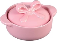LemonRoad Enameled Cast Iron Dutch Oven 2.64 Qt Pink Round Pot with Bow Lid Dual Handles Stovetop Sa