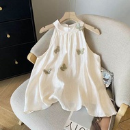 French Casual Decorative Sleeveless Halter Neck Crop Top