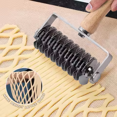 Pastry Lattice Roller Cutter Stainless Steel Lattice Dough Cutter with Wood Handle Bread Pizza Wheel