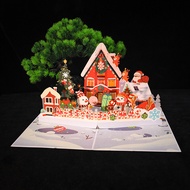 QAU6 Christmas 3d Three-Dimensional Greeting Card Christmas House Folding Handmade Blessing Card