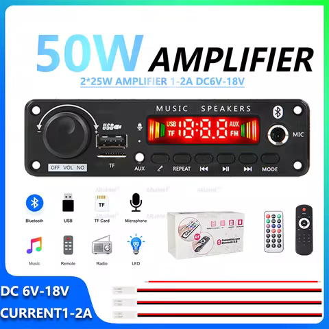 50W Bluetooth 5.0 Amplifier Complete Kit with Remote & Power Cord, DC 6-18V for Car Audio Portable S