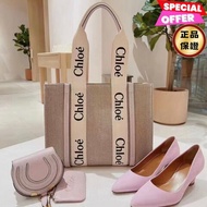 🎉新品好折扣✨Chloe 中款皮革飾邊絲帶棉質 Woody 包 粉色