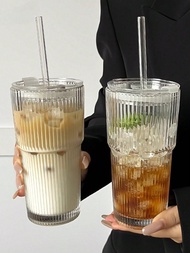 1pc,Striped Glass Cup With Straw And Lid - 20.29oz/600ml, Visually Appealing Glass Drinking Tumbler 