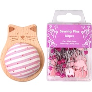 Cute Cat Pin Cushion Kit–Adorable Pincushion with 80 Craft Positioning Pins,Wooden Base Pin Cushions