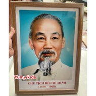 Uncle Ho's photo frame with blue background, gold frame, antique frame, size 21x30cm, 30x40cm, 30x42