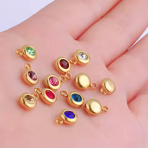 6.5mm Gold Titanium Steel Zodiac Sign Birthstone Pendant Charm Lucky Birthday Stone Cup Drill Point
