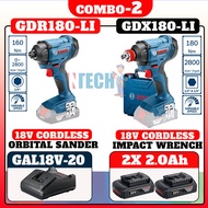 BOSCH COMBO GDX180-LI CORDLESS IMPACT WRENCH C/W GDR180-LI CORDLESS IMPACT DRIVER/WRENCH + 2NOS 18V 2.0AH BATTERY +1NOS GAL18V-20 CHARGER (GDX180LI+GDR180LI)