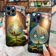 Bodhi Leaf Glass Case with Buddha and lotus facing up for iPhone 17 16 15 14 13 12 11 8 7 6 6s 6p 7p