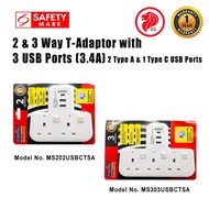 2 & 3 Way T Adaptor with 3 USB Ports (2 Type A & 1 Type C USB Ports) 3.4A