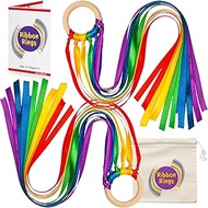 Ribbon Toy Hand Kite - Set of 2 Wooden Ring Waldorf Kite in Storage Bag - Each with 7 Rainbow Dance 