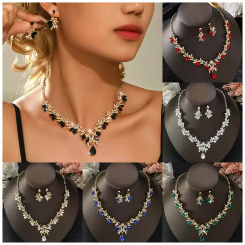 Women's Fashion Sparkling Leaf Water Drop Jewelry Set, Light Luxury Style, Gorgeous and Elegant Jewe