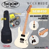 SQOE SEIB450-WH Ibanez Style HH 24-Fret Electric Guitar with Roasted Maple Neck & Bag - Olympic Whit