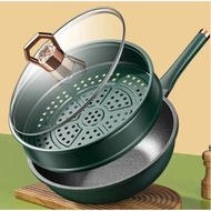 32cm Stainless Steel Non Stick Wok Pan Lid Frying Pan with steamer Double-layer Wok Frying Pan