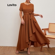 Lovito Elegant Plain Wrap Round Neck Roll Up Sleeve Ball Gown Dress L20D032 (Brown)
