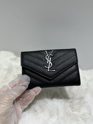👝Yves Saint Laurent YSL Black Caviar Calfskin Leather Coin Purse Cardholder 聖羅蘭 零錢包卡包，黑銀，荔枝牛皮