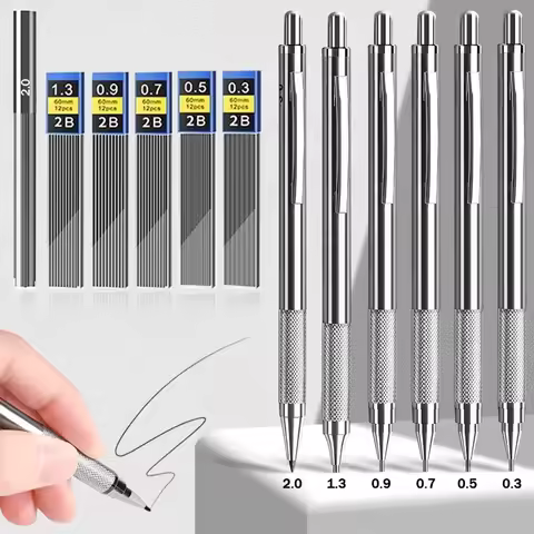 Metal Mechanical Pencil Set 0.3 0.5 0.7 0.9 1.3 2.0mm HB Lead Refills Art Lead Holder Metal Marker f