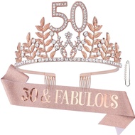 Semato 50 & Fabulous Birthday Crown and Sash Kit- 50th Birthday Gifts for Women 50th Birthday Party 