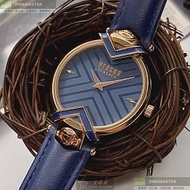 VERSUS VERSACE凡賽斯精品錶,編號：VV00080,34mm圓形玫瑰金精鋼錶殼寶藍色錶盤真皮皮革寶藍錶帶