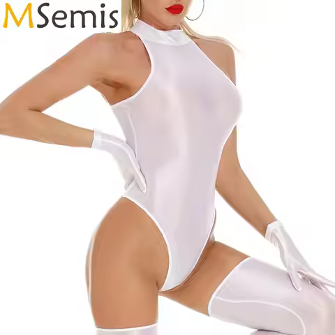 Women's Swimsuit Lingerie One Piece Back Zipper Silky Glossy Bodysuit Solid Color See Through Jumpsu
