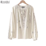 ZANZEA Women Korean Casual Ethnic Print Long Sleeve Holiday Loose Blouse